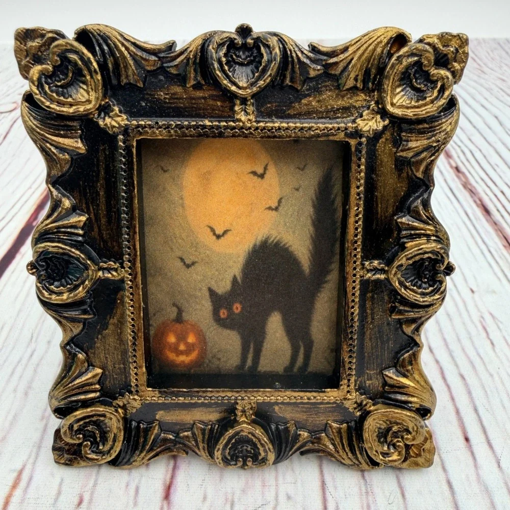Halloween Black Cat Jack-O-Lantern Ornate Gold Black Resin Frame Decoupage Art